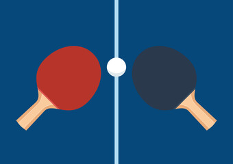 Banner to announce Ping pong tournaments. Illustration with overhead view of racket and Ping pong ball on blue ground court, Ping pong wallpaper.