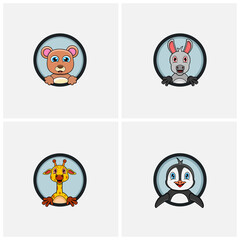 Funny Animals Head Character Design Set. Bear, Donkey, Giraffe and Penguin. For Logo, Label, Icon, Inspiration and Template Design.