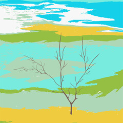 Fototapeta na wymiar Spring landscape - April, tree without leaves - abstract illustration - brush strokes, grunge style - art, vector.