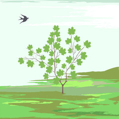 Obraz premium Spring landscape - swallow, tree with leaves - abstract illustration - brush strokes, grunge style - art, vector.