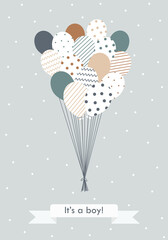 Vector illustration, flying balloons with geometric patterns and ribbon with words It's a boy. Cute tender composition for baby shower, banners, greeting card, invitation and other design
