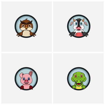 Funny Animals Head Character Design Set. Owl, Cow, Pig and Crocodile. For Logo, Label, Icon, Inspiration and Template Design.