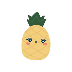 Cute kawaii pineapple with eyes and a smile. Yellow pineapple with green leaves. Cartoon childish image of pineapple character. Isolated fully editable vector flat illustration on white background.