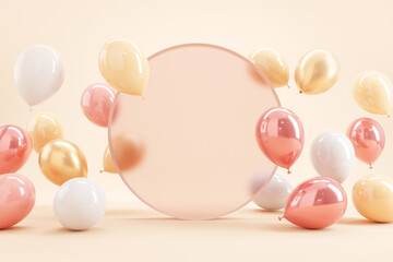 Pastel balloons on pink background. 3d rendering, Birthday party background, Copy space.