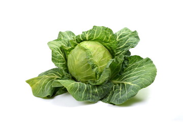Obraz premium Cabbage isolated on white background. Fresh green cabbage.