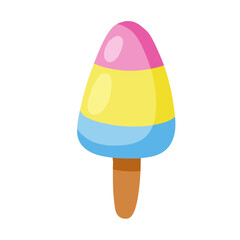 Ice cream on stick. Summer dessert. Multi-colored delicacy. Blue, yellow and pink glaze. Flat cartoon illustration