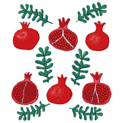 Pomegranate set with food and branches, hand drawn illustration with outlines and texture. Illustration can be used in package  design, for prints, decorations and other designs