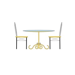 Vector flat cartoon dinner table and couple of chairs isolated on empty background-room interior elements,home life comfort concept,web site banner ad design