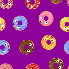 Seamless Pattern, Different Donuts with Funny Faces on Bright Purple Background.