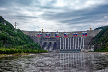 View of the Sayano-Shushenskaya hydroelectric dam, on the Yenisei River, Khakassia, Russia