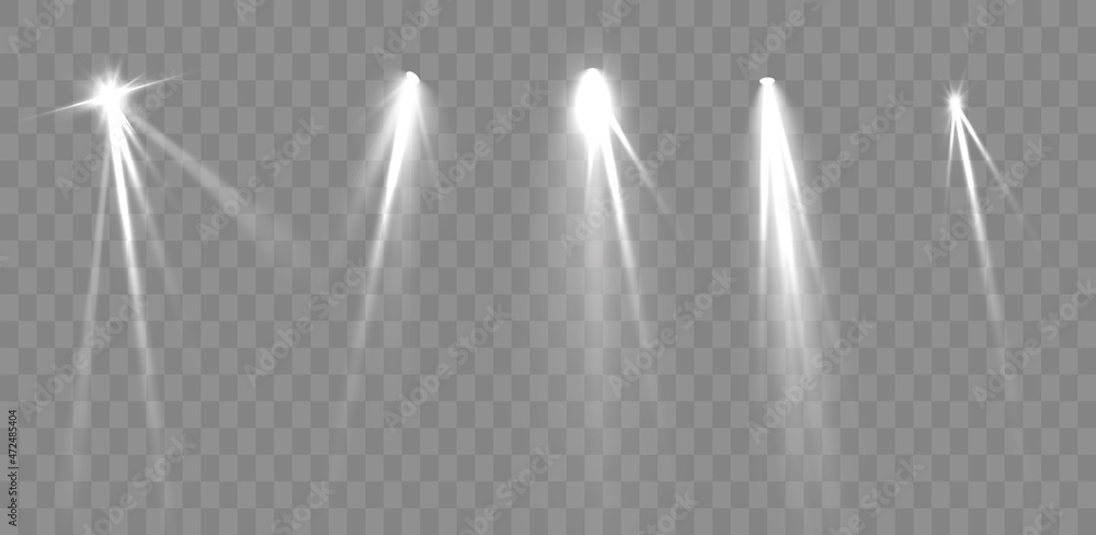 Poster Spotlights set isolated on transparent background. Vector glowing light effect with golden rays and lens flares.
