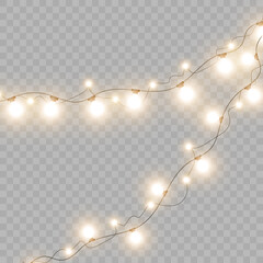 Christmas lights isolated realistic design elements. Glowing lights for Christmas holiday cards, banners, posters, web designs.	