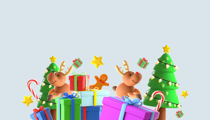 Christmas and New Year background. gift box and Reindeer of a decorative festive object on Blue. Holiday banner, web poster, flyer, greeting card - 3d Rendering
