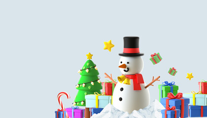 Christmas and New Year background. snowman and Gifts box on Blue. Holiday poster, header for website, greeting card, flyer - 3d Rendering