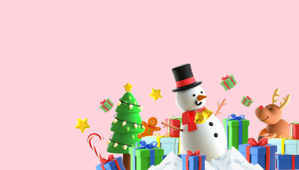 Christmas banner and New Year background. snowman and Reindeer with a tree on Red. Holiday banner, web poster, flyer, greeting card, website, greeting card - 3d Rendering