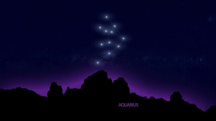 aquarius zodiac constellation sign with mountains landscape silhouette and starry sky in the background