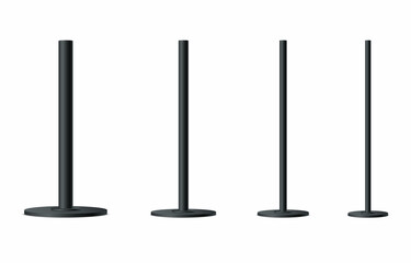 Set of black metal poles with different diameters. Realistic detailed 3d metal columns. Steel pipes. Template design for urban advertising banners, billboard, streetlight. Vector illustration