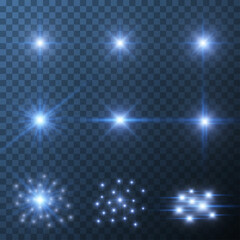 Set of stars and sparkles lighting isolated on transparent background. Glow blue light effects. Glowing light burst explosion. Bright star illuminated. Flare effect with ray sparkles. Vector