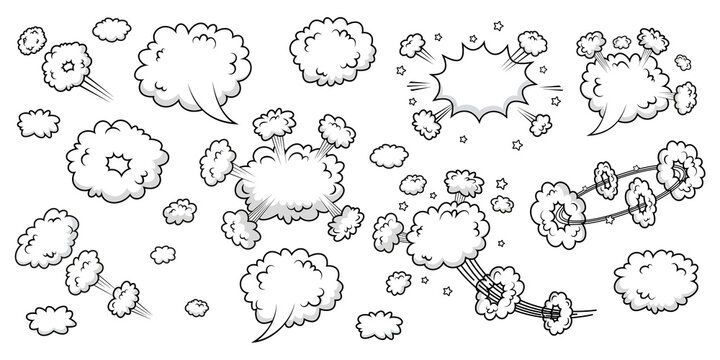 Comic clouds. Speech bubbles in pop art style. Funny balloons with wind and smoke. Cartoon elements with speed effect. Message shapes. Set of sky air objects. Explosion bomb frame. Vector illustration