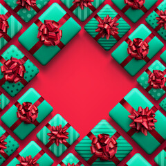 Green gift boxes with red bows.
