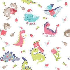 Seamless vector pattern. Children's flat illustration. New Year's dinosaurs, cones, predatory flower. New Year collection with dinosaurs.