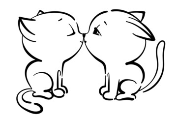 black outline of two cute little cats. Kiss of cats, coloring book for kids. isolated illustration on white background