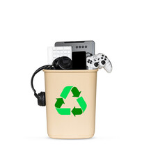 many tech gadgets in the trash bin for disposal and reuse. ecology concept