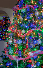 Decorated Christmas Tree with red and white and blue patriotic colors