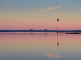 View with Techirghiol lake and Eforie city at sunset in Romania