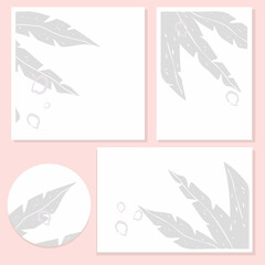 Mockup frames on a pink light background with tropical leaves and abstract figures in fashionable colors. A set of creative vector cover design for stories, social media posts