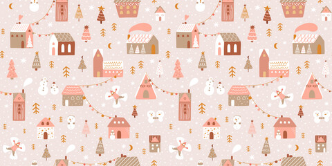 Pink Christmas village. Outdoor Christmas scene. Winter village illustrations. Pink Christmas seamless pattern Panoramic vector background. Magical winter houses, snowmen, Christmas trees, snowangel. - 472490253