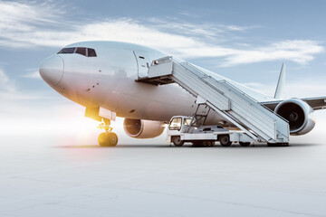 Wide body passenger airplane with boarding stairs at the airport apron isolated on bright background with sky
