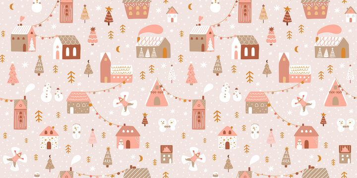 Pink Christmas village. Outdoor Christmas scene. Winter village illustrations. Pink Christmas seamless pattern Panoramic vector background. Magical winter houses, snowmen, Christmas trees, snowangel.