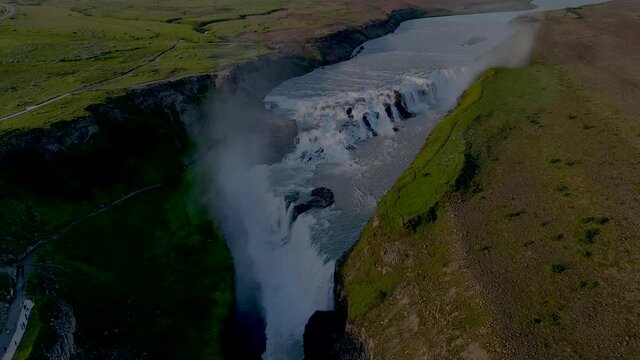 Beautiful cinematic aerial view of Iceland Gullfoss waterfall in the Golden Circule 