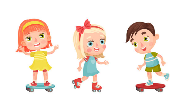 Set of kids doing sport. Happy little children skateboarding and rollerblading cartoon vector illustration