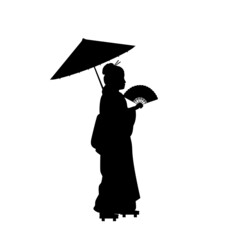Silhouette of woman in national Asian costume with fan and umbrella.