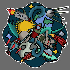 Space, cosmos sticker isolated on gray background