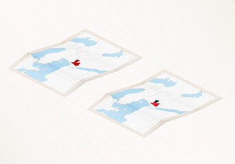 Two versions of a folded map of Jordan with the flag of the country of Jordan and with the red color highlighted.