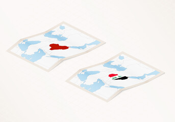 Two versions of a folded map of Iraq with the flag of the country of Iraq and with the red color highlighted.