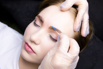 the model after the procedure of lamination of eyebrows with the help of compositions, the master...