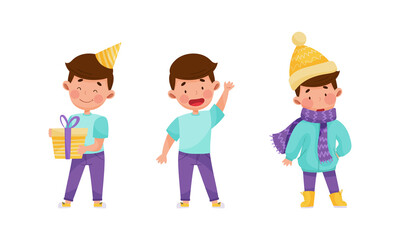Kid daily activities set. Cute boy celebrating birthday, walking outdoors cartoon vector illustration