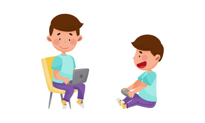 Kid daily activities set. Cute boy playing computer games cartoon vector illustration