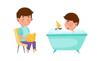 Kid daily activities set. Cute boy reading book and taking bath cartoon vector illustration