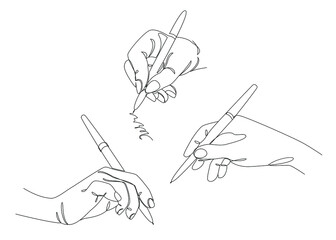 Collection. Man's hand writes by pen by pen in modern one line style. The man writes. Solid line, decor sketches, posters, wall art, stickers, logo. Vector illustration set.