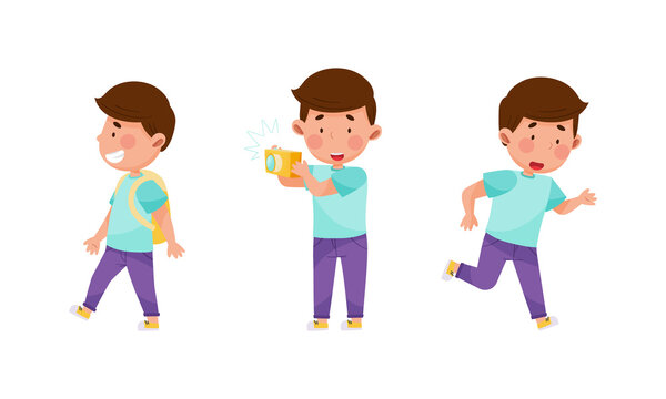 Kid daily activities set. Cute boy walking with backpack, photographing and running cartoon vector illustration