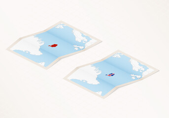 Two versions of a folded map of Iceland with the flag of the country of Iceland and with the red color highlighted.