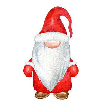 Watercolor Christmas gnome, Red Santa Claus Hand painted New year illustration isolated on white background. Little santa helper for new year tag, package, card, xmas decor, poster