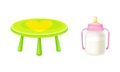Newborn baby care accessories set. Green plastic table and milk bottle cartoon vector illustration