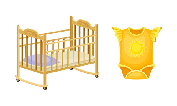 Newborn baby care accessories set. Wooden bed and bodysuit cartoon vector illustration