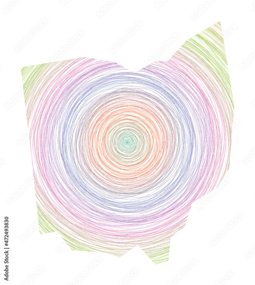 Poster ohio map filled with concentric circles. sketch style circles in shape of the us state. vector illus